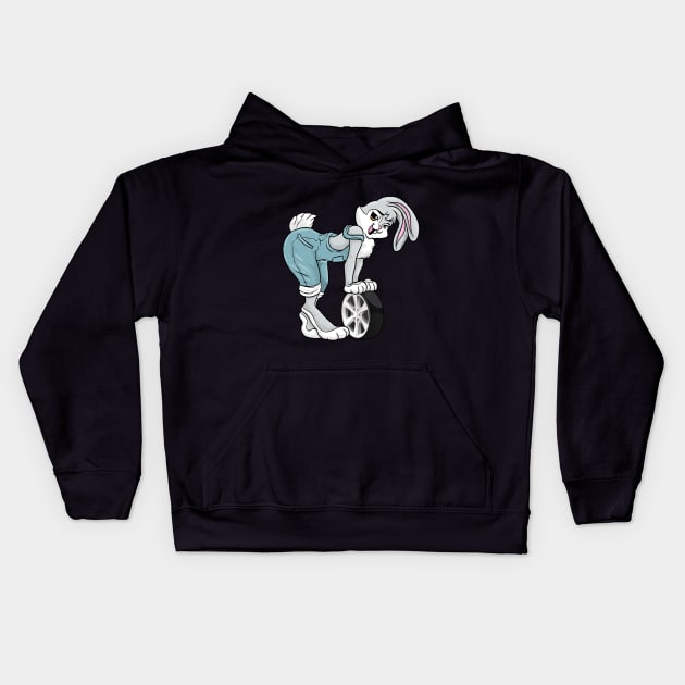 Funny mechanic bunny with a tire Kids Hoodie by Markus Schnabel